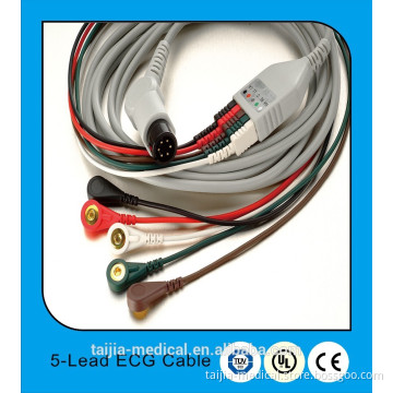 high quality 6pin 5-lead ECG cable for patient monitor with standard button plug